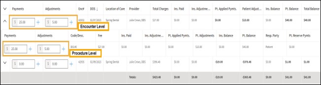 Payment and Adjustment page with yellow highlight boxes around the payment and adjustment fields including plus signs.